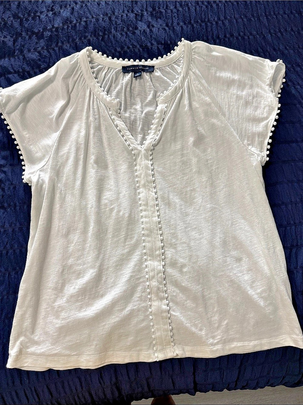 Tommy Hilfiger Bubble-Trim Top White Blouse Size Medium